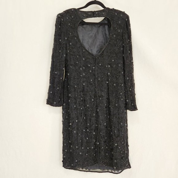 Vintage JOAN LESLIE Hollywood-Fairy-Tale Beaded Black Silk Sheath Dress Size 10. - Picture 5 of 16